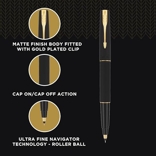 Parker Gift Set Frontier Matte Black Gold Trim Roller Ball Pen With Card Holder thumbnail