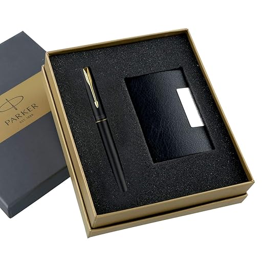Parker Gift Set Frontier Matte Black Gold Trim Roller Ball Pen With Card Holder thumbnail